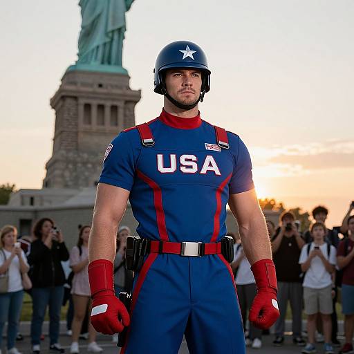 Photograph of a muscular man in a blue and red Captain America costume, standing in front of the Statue of Liberty at sunset, with a crowd of