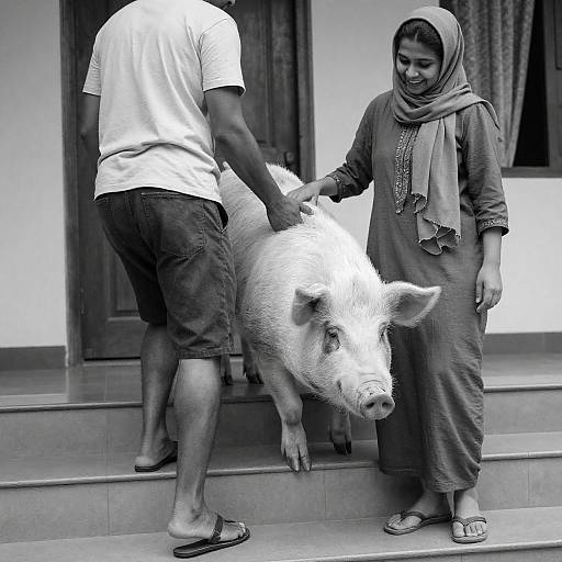 Vintage Climb: Man, Woman, and Pig