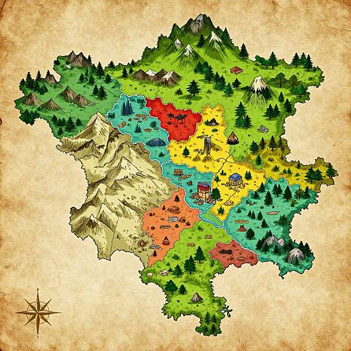 Digital map of a fantasy territory with colorful regions, mountains, forests, rivers, and a compass in the bottom left corner.