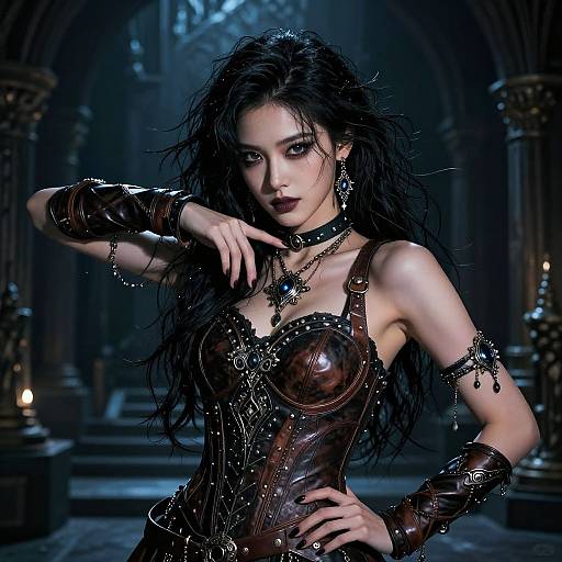 Digital artwork of a dark-haired woman in a gothic, leather corset with metal adornments, posing in a dimly lit, arched cathedral