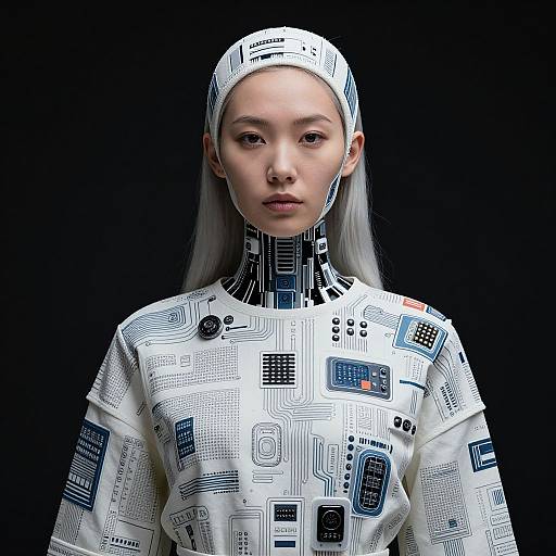 Digital CGI of an East Asian woman with long silver hair, wearing a high-collared white top with black circuit patterns, against a black background.