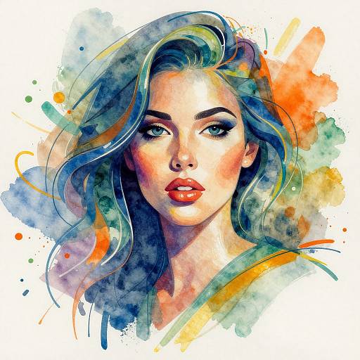 Watercolor portrait of a beautiful woman with blue-green hair, red lips, and intense gaze, surrounded by vibrant orange, blue, and green splashes