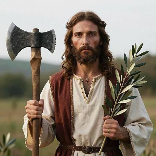 Photograph of a bearded, long-haired man with a serious expression, holding an axe in his left hand and olive branches in his right, wearing