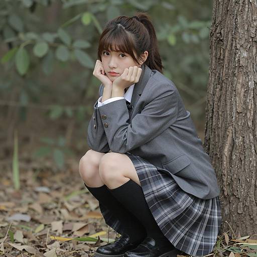 Serious Asian Girl in Forest Setting