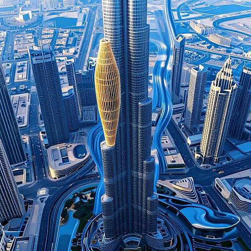 Aerial photograph of a futuristic cityscape featuring a tall, illuminated golden skyscraper amidst blue-lit, modern high-rises and winding roads.