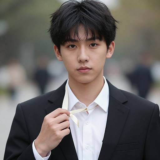 Photograph of an Asian man with black hair, wearing a black suit and white shirt, adjusting his collar outdoors in a blurred, urban background.