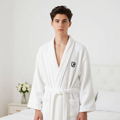 Photograph of a young man with short dark hair, wearing a white karate gi with a black emblem, standing in a bright, minimalist bedroom with
