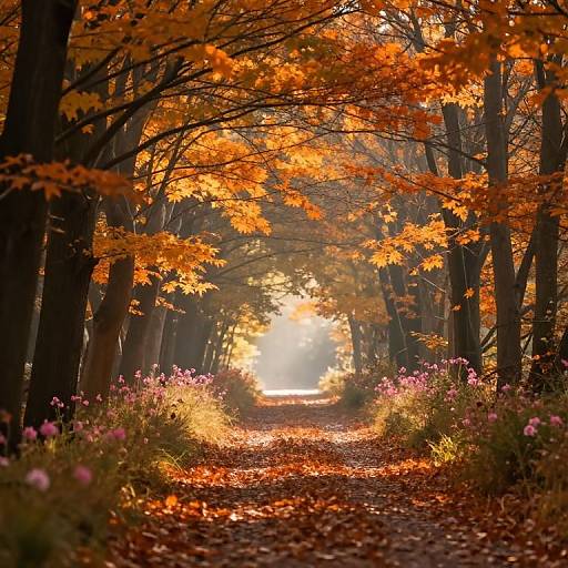 Photograph of a sunlit autumn forest path, lined with vibrant orange leaves overhead and pink wildflowers on either side, with sunlight breaking through the trees