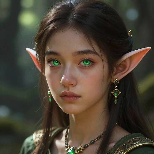 Digital art of a young, fair-skinned elf woman with glowing green eyes, pointed ears, and dark hair, wearing green jewelry in a forest.
