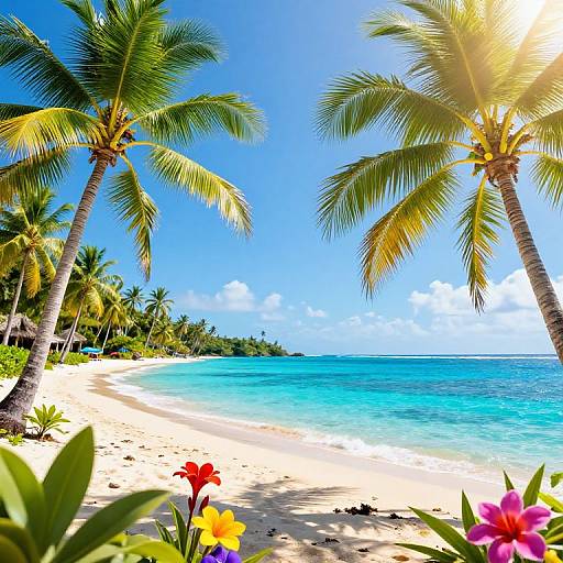Photograph of a tropical beach with clear blue ocean, white sand, tall palm trees, bright sun, and colorful flowers in the foreground.