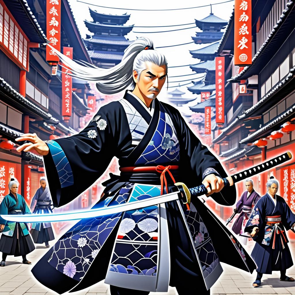 Futuristic Samurai Duel in Edo Market