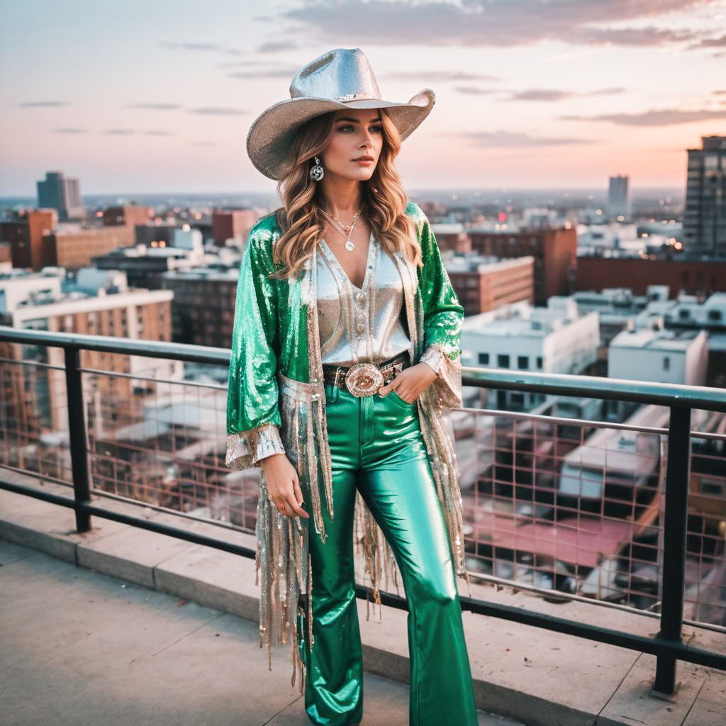 Vibrant Disco Cowgirl Rooftop Fashion