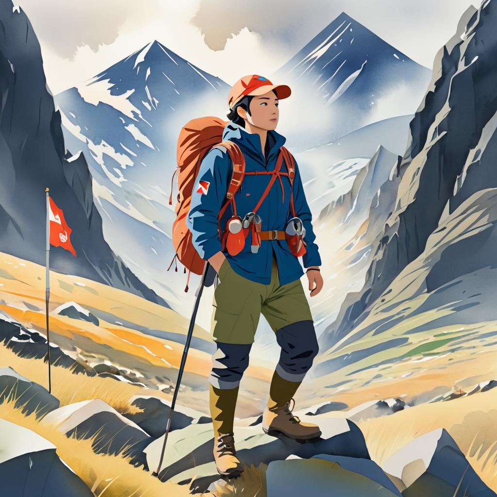 Determined Explorer in Mountain Landscape