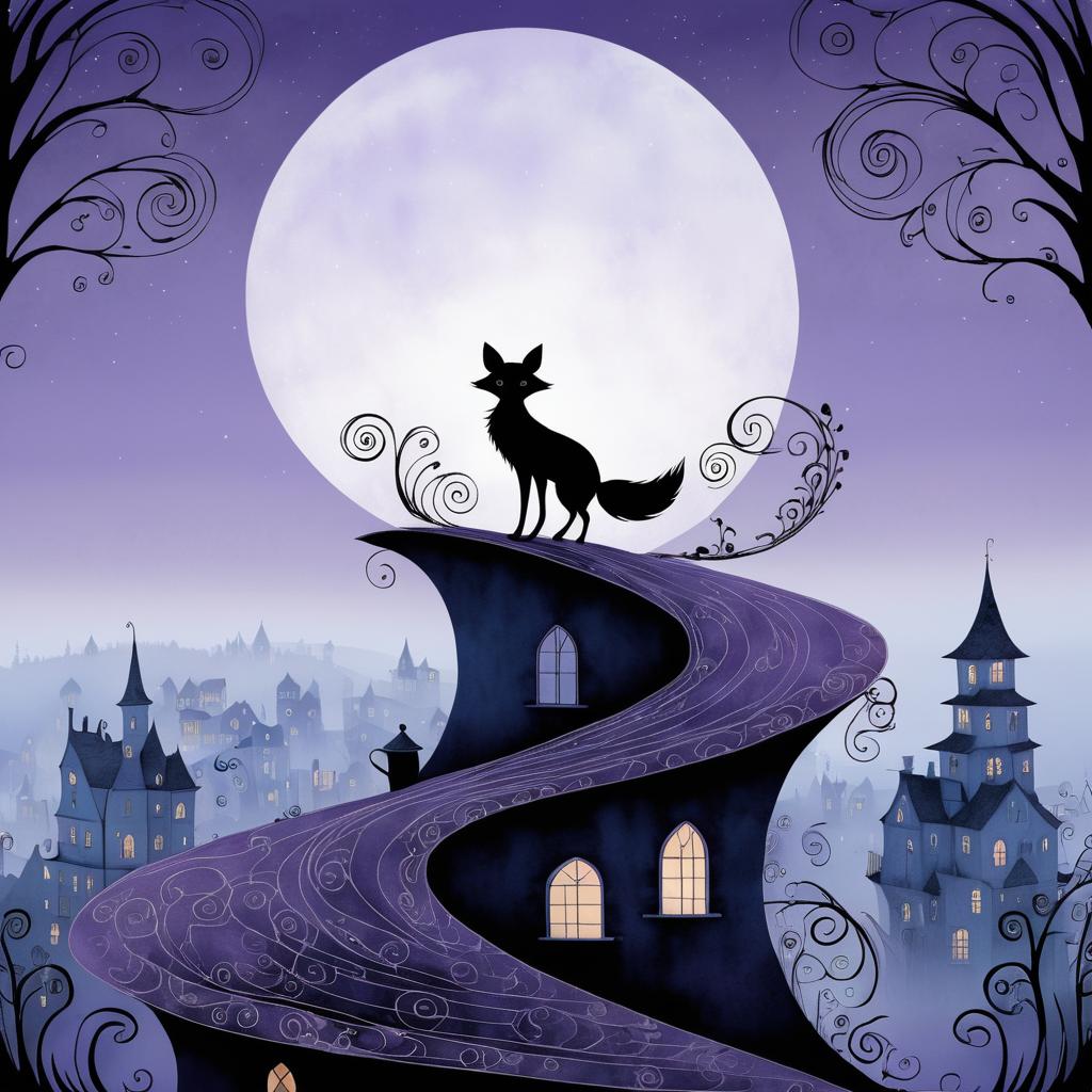 Whimsical Fox Over Foggy Village Scene