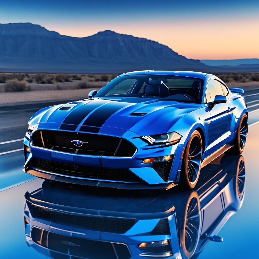 Hyper-Realistic Blue Ford Mustang at Sunset