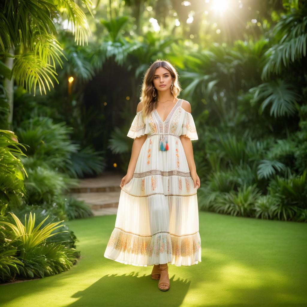 Chic Bohemian Woman in Lush Garden