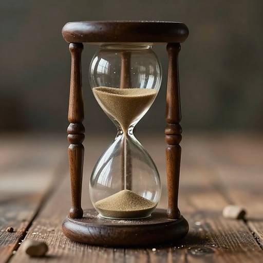 Photograph of an antique wooden hourglass with sand, centered on a rustic wooden table, against a dark, blurred background.