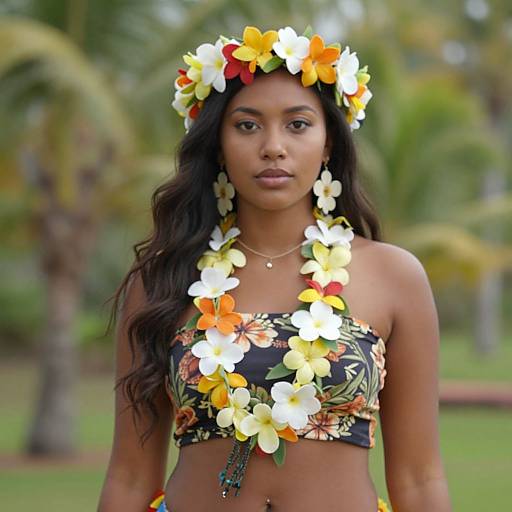 Photograph of a young woman with medium brown skin, long black hair, wearing a floral headband and strapless top, adorned with a flower lei