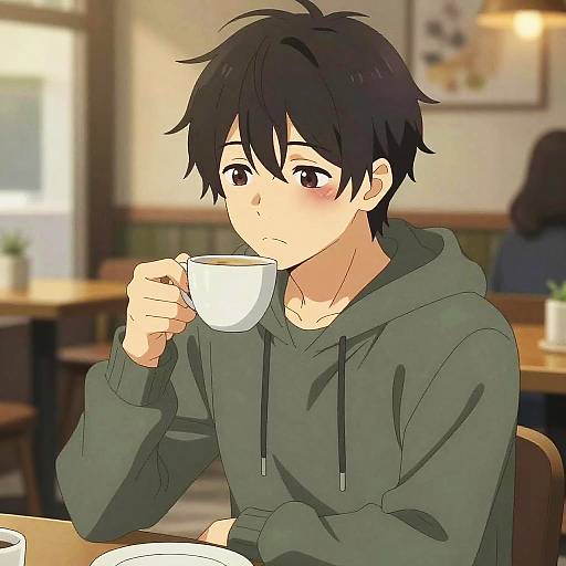 Anime Boy Drinking Coffee in Cozy Cafe
