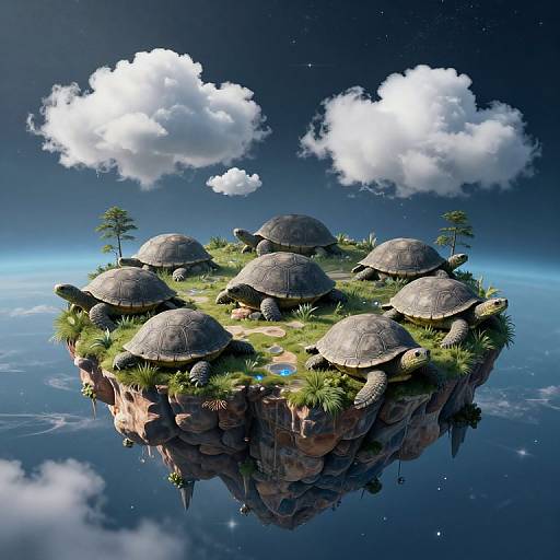 Photorealistic CGI of a floating island with nine turtles, grass, and small trees, reflecting in a starry, cloudy sky.