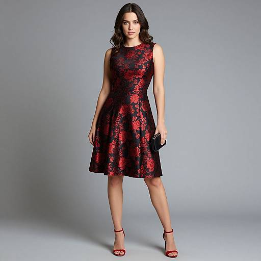 Photograph of a tall, dark-haired woman in a sleeveless, black dress with vibrant red floral patterns, red high heels, and a black clutch