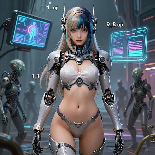 CGI image of a cybernetic, blue-highlighted, blonde-haired woman with white armor, revealing midriff, and futuristic sci-fi background