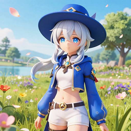 Digital anime-style drawing of a white-haired girl with blue eyes, wearing a blue hat and jacket, white shorts, in a vibrant flower field by a