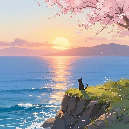 Digital anime-style painting of a black cat sitting on a rocky cliff, watching a vibrant sunset over a calm ocean with cherry blossoms in the foreground.