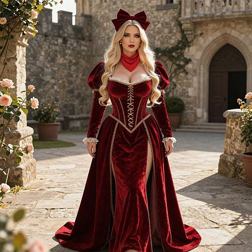 Photograph of a blonde woman in a Victorian-style, deep red velvet gown with lace trim, red scarf, and bow, standing in a sunlit
