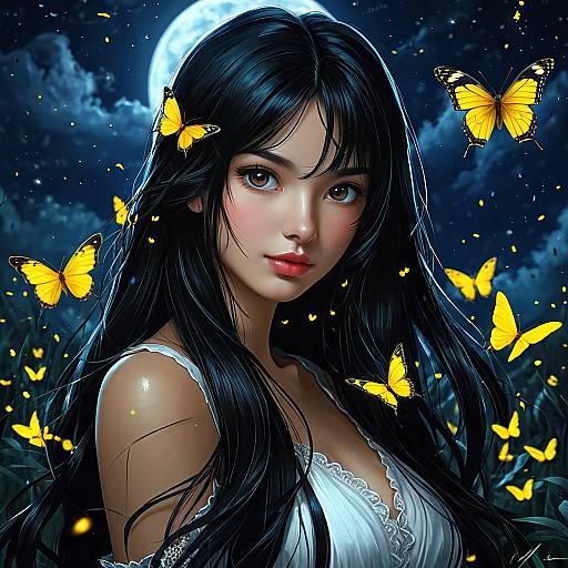 Digital art: Beautiful Asian woman with long black hair, glowing skin, and red lips, wearing a white lace top, surrounded by yellow butterflies, under