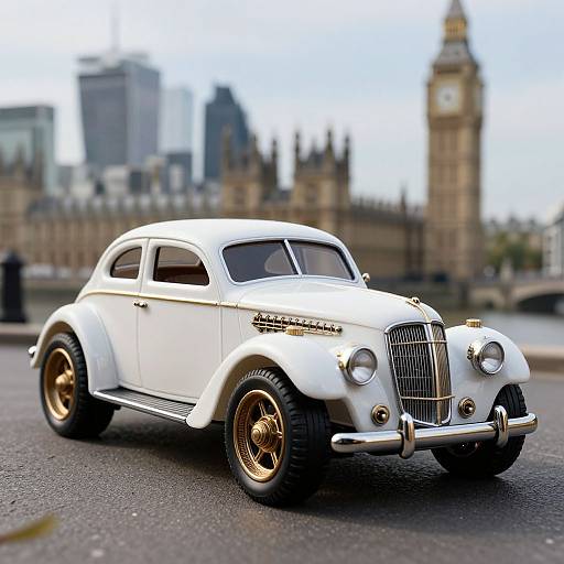Photograph of a white, vintage, classic car with gold rims, in front of a blurred London cityscape with Big Ben.