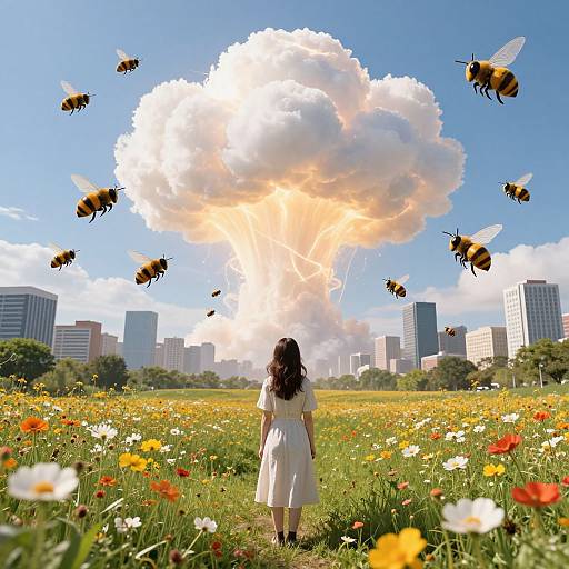 Photograph of a woman in a white dress standing in a colorful flower field, facing a bright, fluffy cloud with honeybees flying around, with