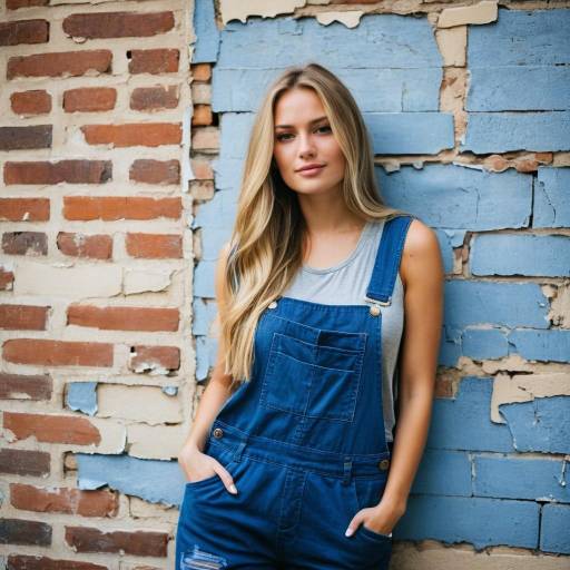 Young Woman in Denim Overalls Standing by Brick Wall