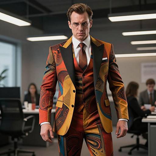 Photograph of a stern-looking man in a vibrant, geometric-patterned, red, yellow, and brown suit, standing in a modern office.