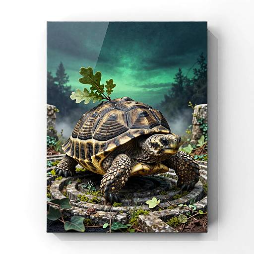 Photorealistic digital artwork of a turtle with a leaf on its shell, set against a misty, green forest background.