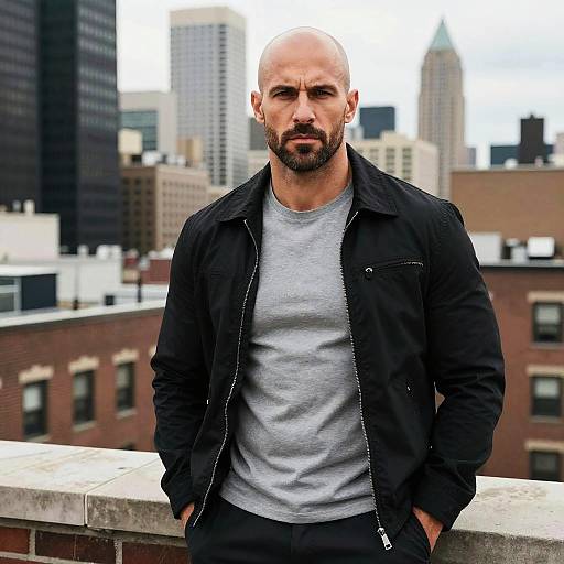 Muscular Bald Man on Urban Rooftop