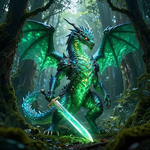 Digital fantasy artwork of a glowing green and blue dragon with large wings, sharp claws, and a luminous sword in a dark, misty forest.