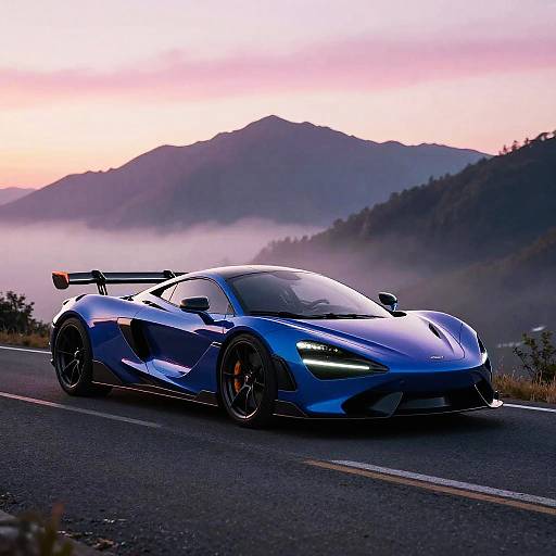 Photograph of a sleek, blue, sporty car with a large rear spoiler on a mountain road at sunrise, surrounded by mist and distant hills.