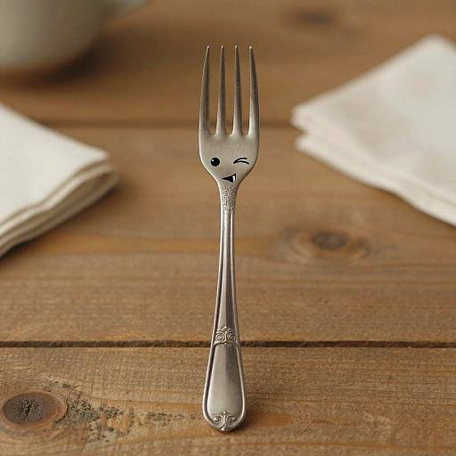 Winking Anthropomorphic Fork on Rustic Wooden Table