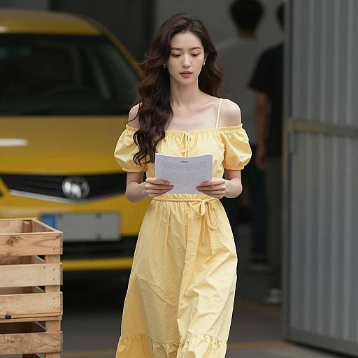 Elegant Woman Under a Yellow Car