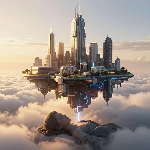 Digital artwork: A woman with closed eyes lies on fluffy clouds, gazing at a futuristic cityscape with towering skyscrapers reflecting in the clouds,