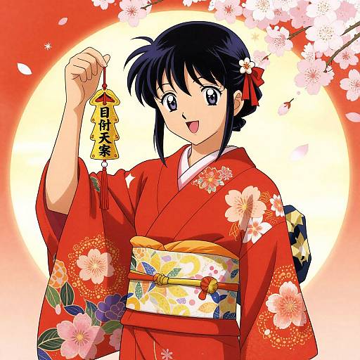 Anime-style drawing of a smiling girl with black hair in a red floral kimono, holding a lucky charm, against a sunburst cherry blossom background.