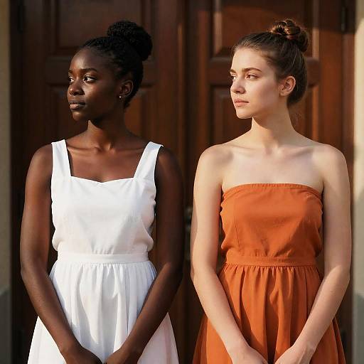 Two Women Standing by Wooden Door