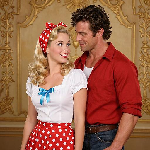 Photograph of a smiling blonde woman in retro red polka-dot dress and blue bow, next to a curly-haired man in red shirt, against orn