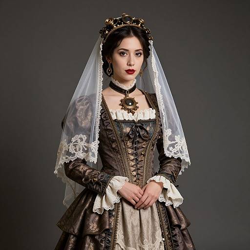 Photograph of a pale-skinned woman with dark hair, wearing a Victorian-style, dark brown lace-up gown with white lace trim and veil, adorned
