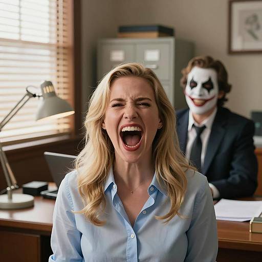 Woman Screaming in Office with Man in Clown Makeup