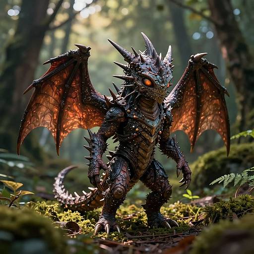 Photorealistic CGI of a menacing, dark-scaled dragon with glowing orange eyes, spiked armor, and red membranous wings in a sunlit