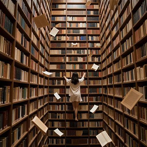 Photograph of a woman in a white dress, arms outstretched, standing amidst flying books in a tall, narrow library aisle.