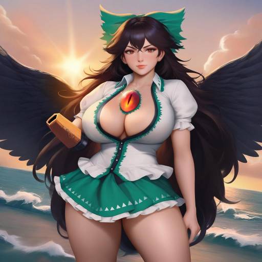Fantasy Female Character with Third Eye and Black Wings at Beach