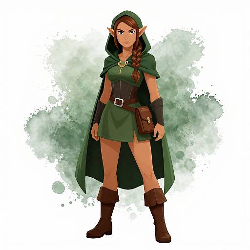 Digital illustration of a determined female elf with long brown hair, green hooded cloak, black belt, and brown boots, standing against a splattered green